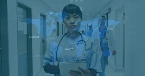 Doctor analyzing global health and economic data with technology overlay