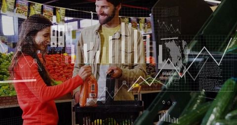 Couple shopping fresh produce with data analytics overlays in modern supermarket aisle