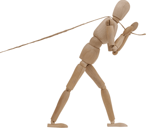 Transparent Wooden Figure Hauling Heavy Rope for Purpose Concept