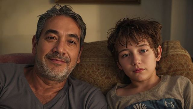 Father and son relaxing on sofa sharing evening bonding warm family portrait