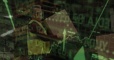 Warehouse logistics worker with data technology overlay