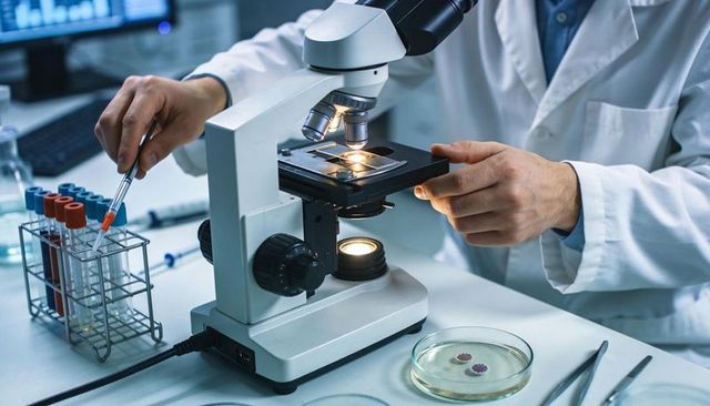 Scientist adjusting microscope and pipetting samples at modern laboratory bench
