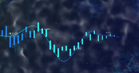 Cyan Candlestick Chart Recovering on Halftone Mesh for Financial Data Visualization