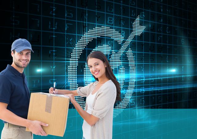 Smiling woman receiving parcel from delivery man standing in front of digital target background. Useful for illustrating delivery services, e-commerce logistics, digital and electronic shopping platforms, customer satisfaction in shipping and logistics industries.