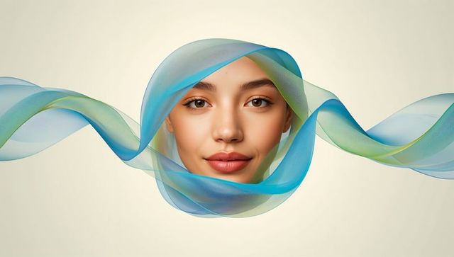 Ethereal female portrait framed by flowing translucent blue-green ribbons on neutral backdrop