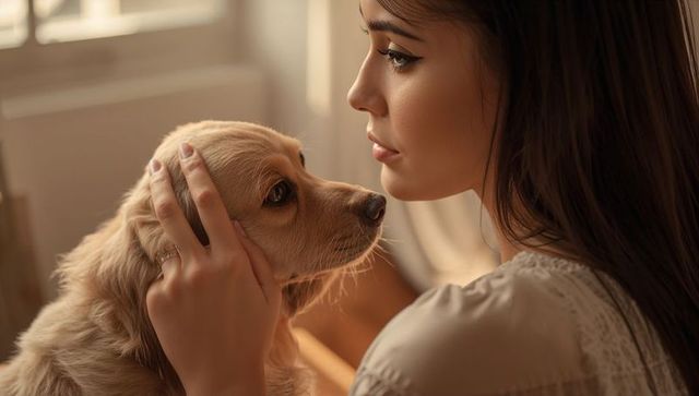 Young woman cradling golden retriever head by sunlit window, intimate serene moment
