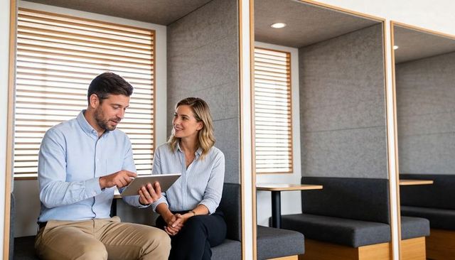 Coworking professionals discussing project on tablet in modern office booth