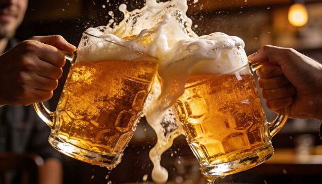 Friends clinking beer steins with frothy splash, amber draft toast in rustic pub