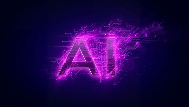 Neon AI Typography with Circuit Traces, Futuristic Glowing Cyber Technology Background