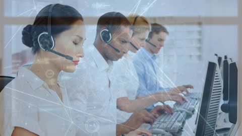 Team of Diverse Call Center Agents with Futuristic Data Overlay