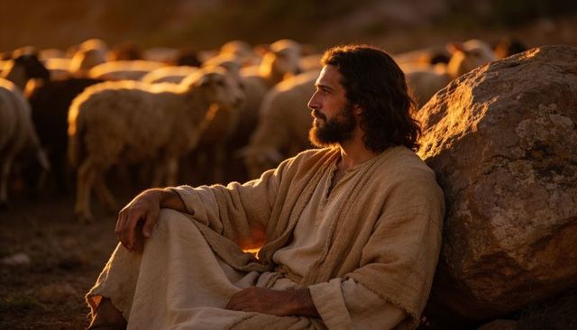 Bearded shepherd resting against rock with grazing flock at golden hour contemplating horizon