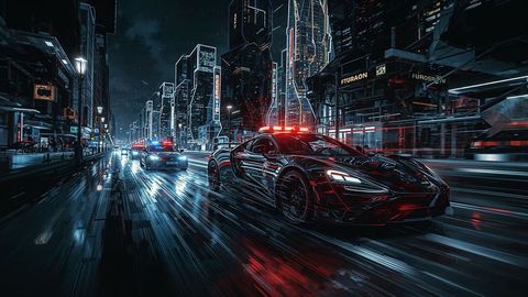 Futuristic Race Car Pursuit Under Neon City Lights