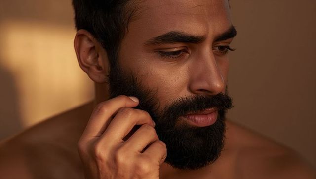 Intimate closeup of bearded man touching beard in warm golden light, skin texture detail