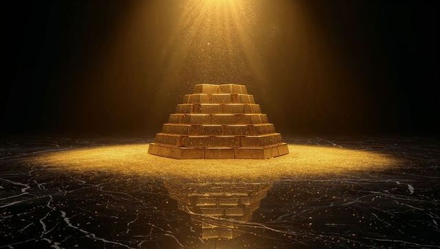 Golden pyramid of stacked gold bars under dramatic spotlight on reflective marble floor