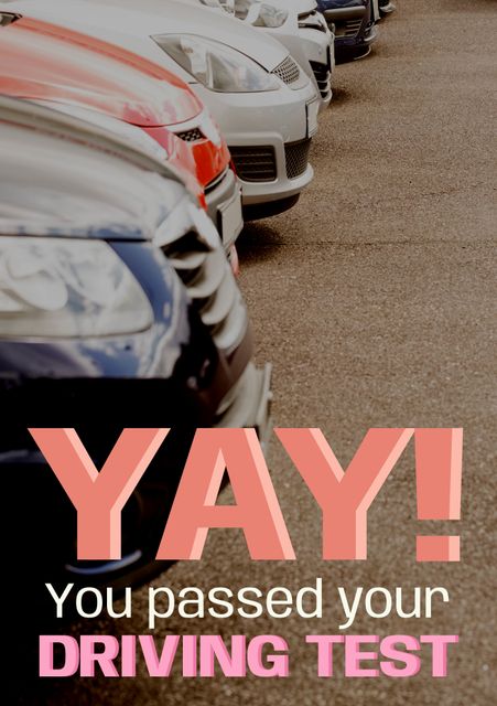 This stock image can be used to celebrate and send congratulatory messages to individuals who have recently passed their driving test. The vibrant colors and text over a background of parked cars make it an ideal choice for driving schools, social media announcements, or greeting cards. Suitable for advertising and marketing purposes related to driving or automotive services.