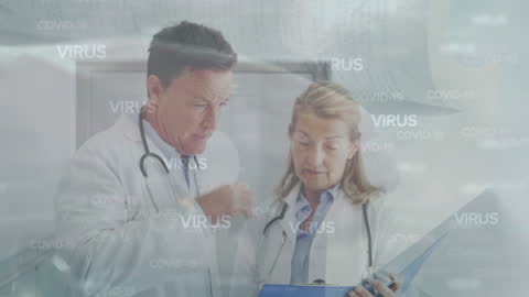 Doctors Analyzing Data with COVID-19 Overlay Graphics