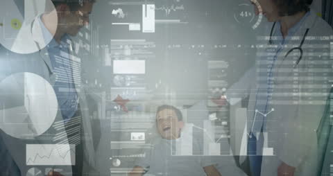 Caucasian Doctors Analyzing Data with Hospital Patient Overlay