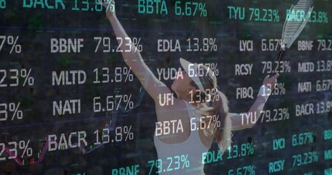 Tennis Player in Action Amidst Financial Market Data