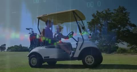 Golfers Driving Cart with Overlaid Financial Success Graphs