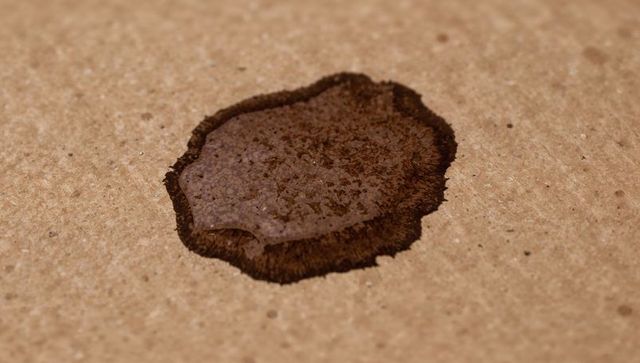 Dark brown liquid spill spreading on kraft paper with glossy fibrous stain texture