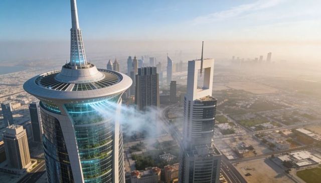 Futuristic saucer-topped skyscraper emitting vapor over coastal metropolis skyline