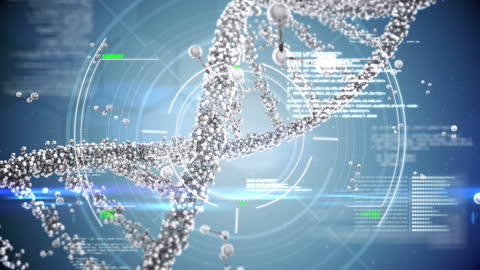 Futuristic DNA Strand with Data Overlay in Blue Tone