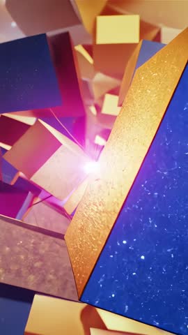 Diving Through Spark Flare and Shimmering Gold Blue Cubes Vertical Futuristic Motion Loop