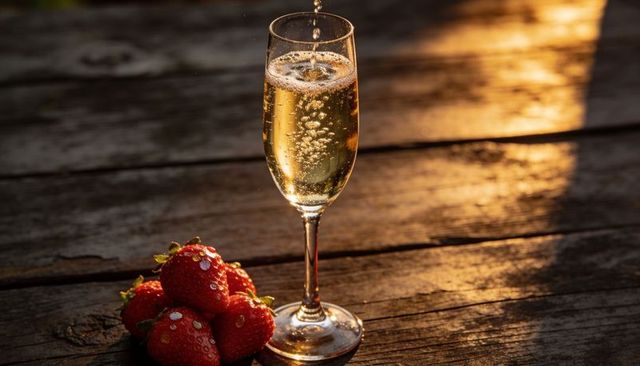 Pouring champagne flute bubbles over sparkling strawberries on warm sunlit rustic wood