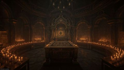 Masonic mystical gothic crypt chapel with ornate stone sarcophagus