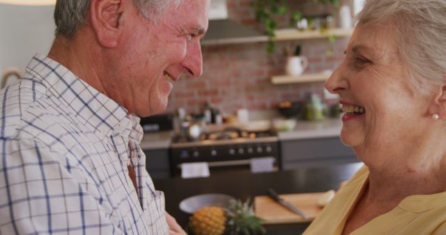 Senior couple embracing while smiling warmly in a cozy kitchen. The setting includes kitchen appliances, shelves, and a pineapple on the countertop, creating a homely atmosphere. Perfect for illustrating themes of relationship longevity, elderly love, domestic happiness, and togetherness.