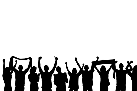 Silhouettes of enthusiastic sports fans with scarves on transparent background