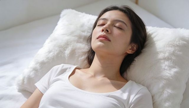 Young woman resting on fluffy pillow in bright bedroom, relaxing self-care and sleep
