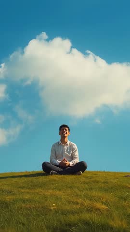 Young man laughing and sitting cross-legged on sunlit hill under cloud - vertical video