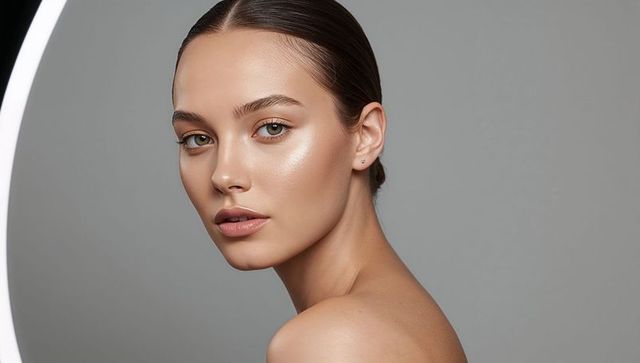 Dewy skin beauty portrait young female model with stud earring and ring light closeup