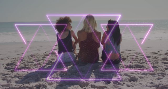 Relaxing on the Beach with Friends and Neon Geometric Overlays - Download Free Stock Images Pikwizard.com