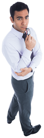 Transparent Businessman in Thought Holding Glasses