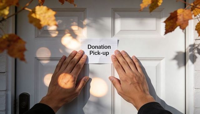 Pressing donation pick-up note on front door by hands with autumn leaves sunlit bokeh