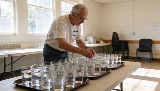 Senior volunteer arranging water glasses on trays in bright community hall for event