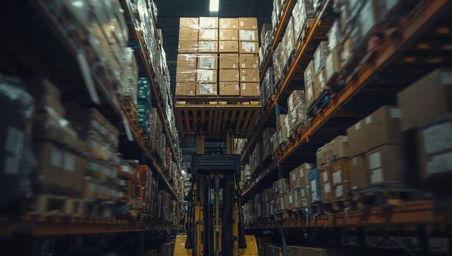 Forklift Maneuvering in Industrial Warehouse for Logistics and Storage