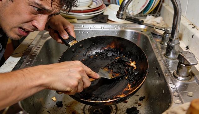 Frustrated man scrubbing burned frying pan in sink with metal spatula