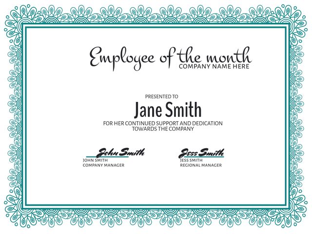 This elegant certificate template features a beautifully ornate border and professional design, making it a perfect choice for recognizing employees' achievements such as Employee of the Month. Suitable for corporate use, the template allows personalization with names, titles, and signatures, enhancing employee morale and demonstrating appreciation. Ideal for human resources departments and business owners to create visually appealing recognition awards.