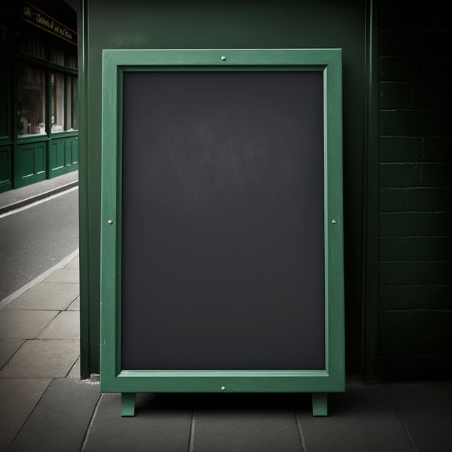 Green chalkboard standing along a city street walkway. Ideal for advertising promotions, posting announcements, or creating a signboard mockup. Useful for commercial purposes, marketing designs, and retail shop displays.