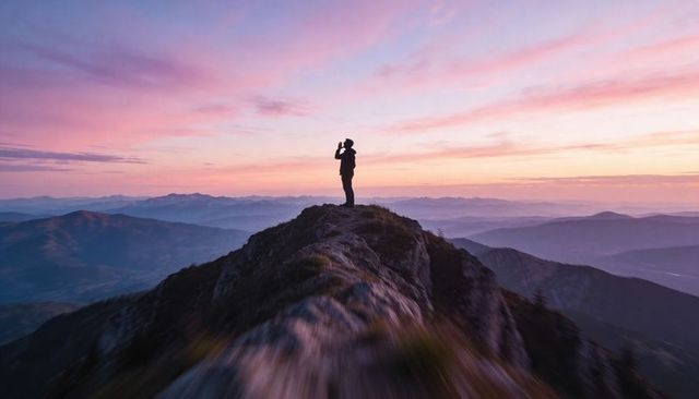 Standing hiker scanning sunrise horizon with binoculars on mountain ridge silhouette