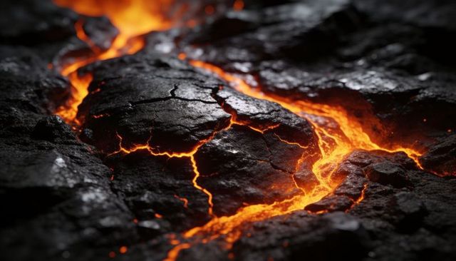 Molten lava flow cracking through fractured volcanic rock with glowing magma fissures