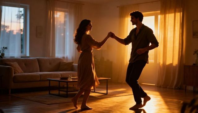 Couple dancing barefoot in cozy living room at golden sunset light, romantic home moment