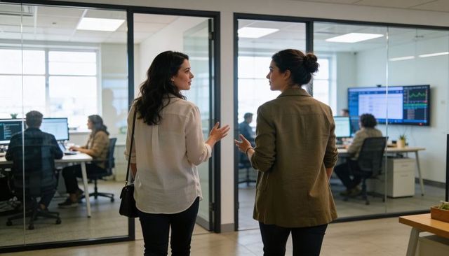Two businesswomen walking and discussing collaboration in modern open-plan office corridor