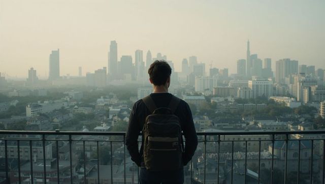 Standing man overlooking hazy city skyline from rooftop balcony with backpack and railing