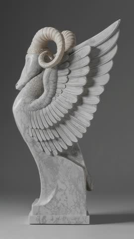 Rotating Marble Winged Ram Sculpture in Contemporary Minimalist Gallery, Vertical Video