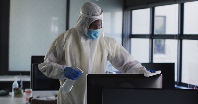 Worker in Protective Gear Disinfecting Office Computer During Pandemic - Download Free Stock Images Pikwizard.com