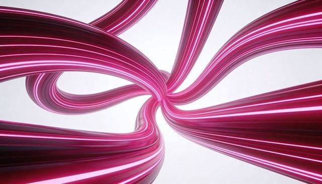 Glossy magenta ribbons twisting into central knot, futuristic 3d abstract flow